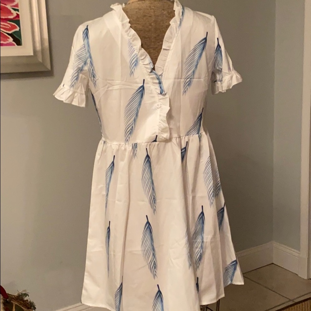 above the knee dress-white with blue palm graphic